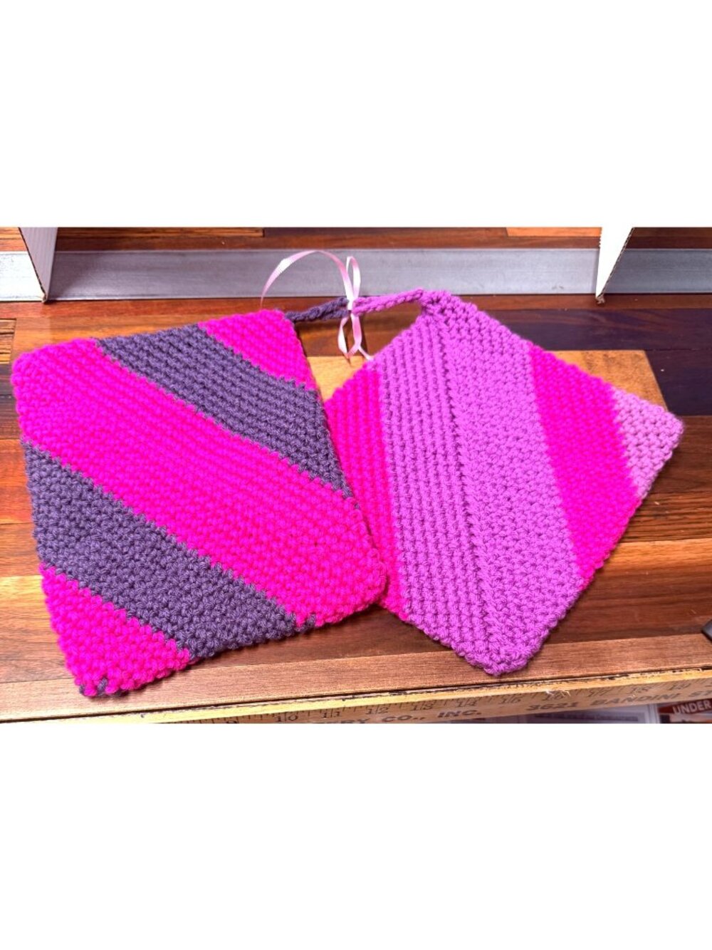 Set of 2 Double Thick Crochet Potholders, Hot Pink and Purple Diagonal Stripe Ho